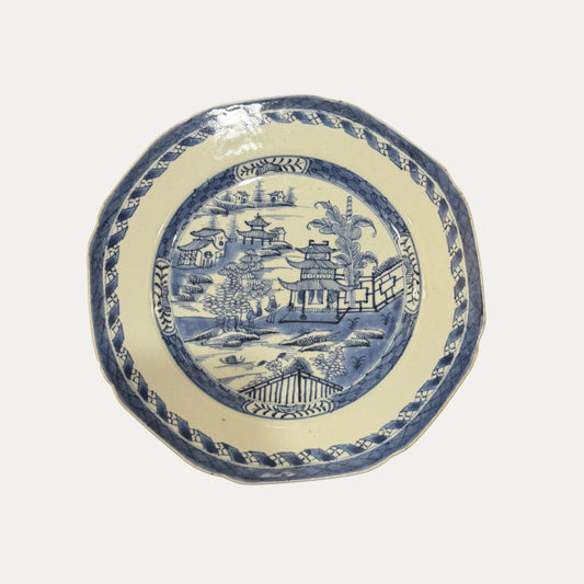 Antique Canton 19th Century Blue/White Pagoda & Landscape Lunch Plate