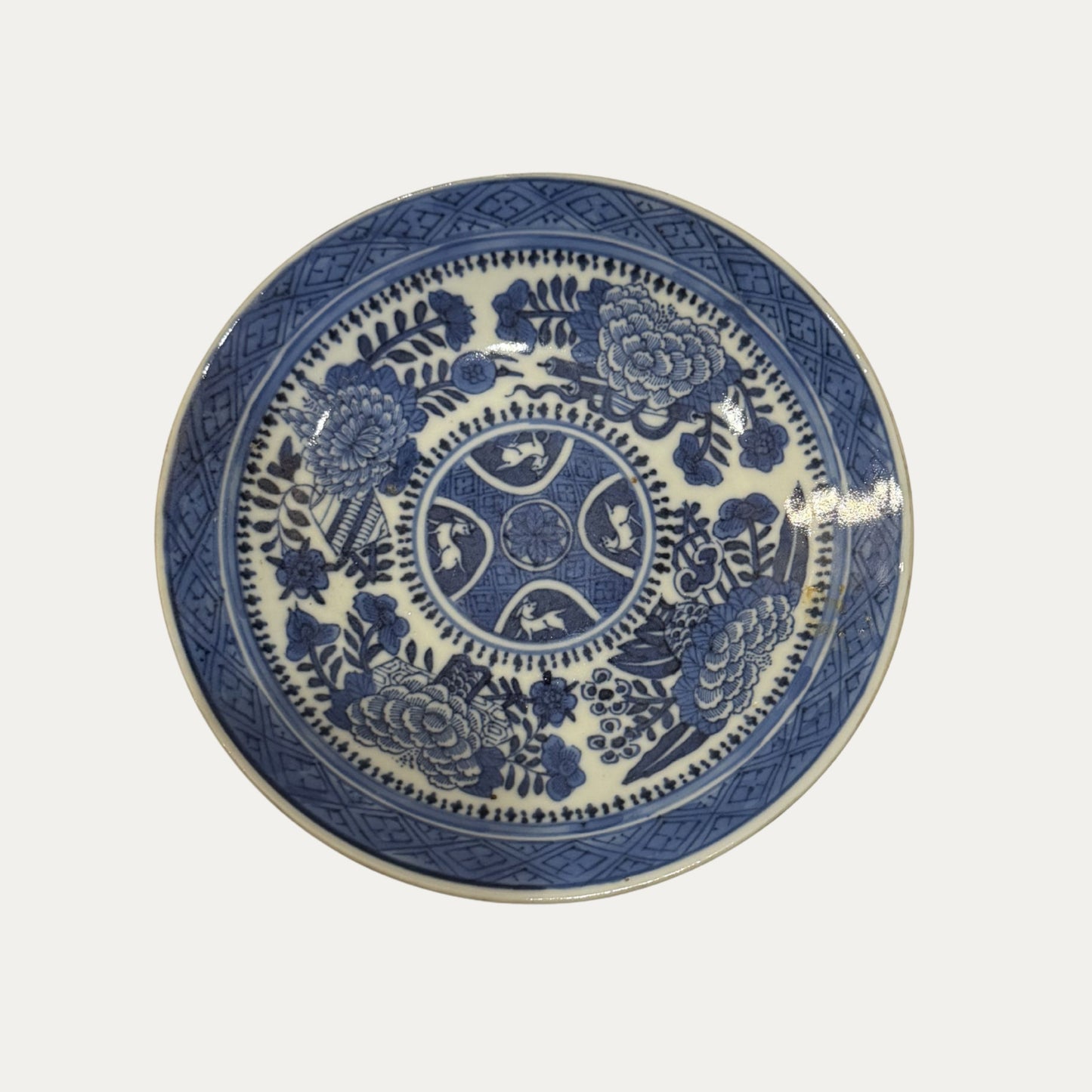 Antique Canton 19th Century Blue/White Flower/Animal Design Saucer/Plate