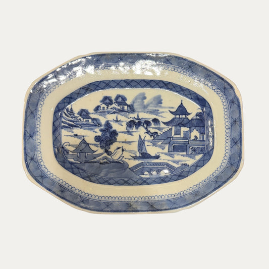 Antique Canton 19th Century Blue/White Pagoda & Landscape Small Platter
