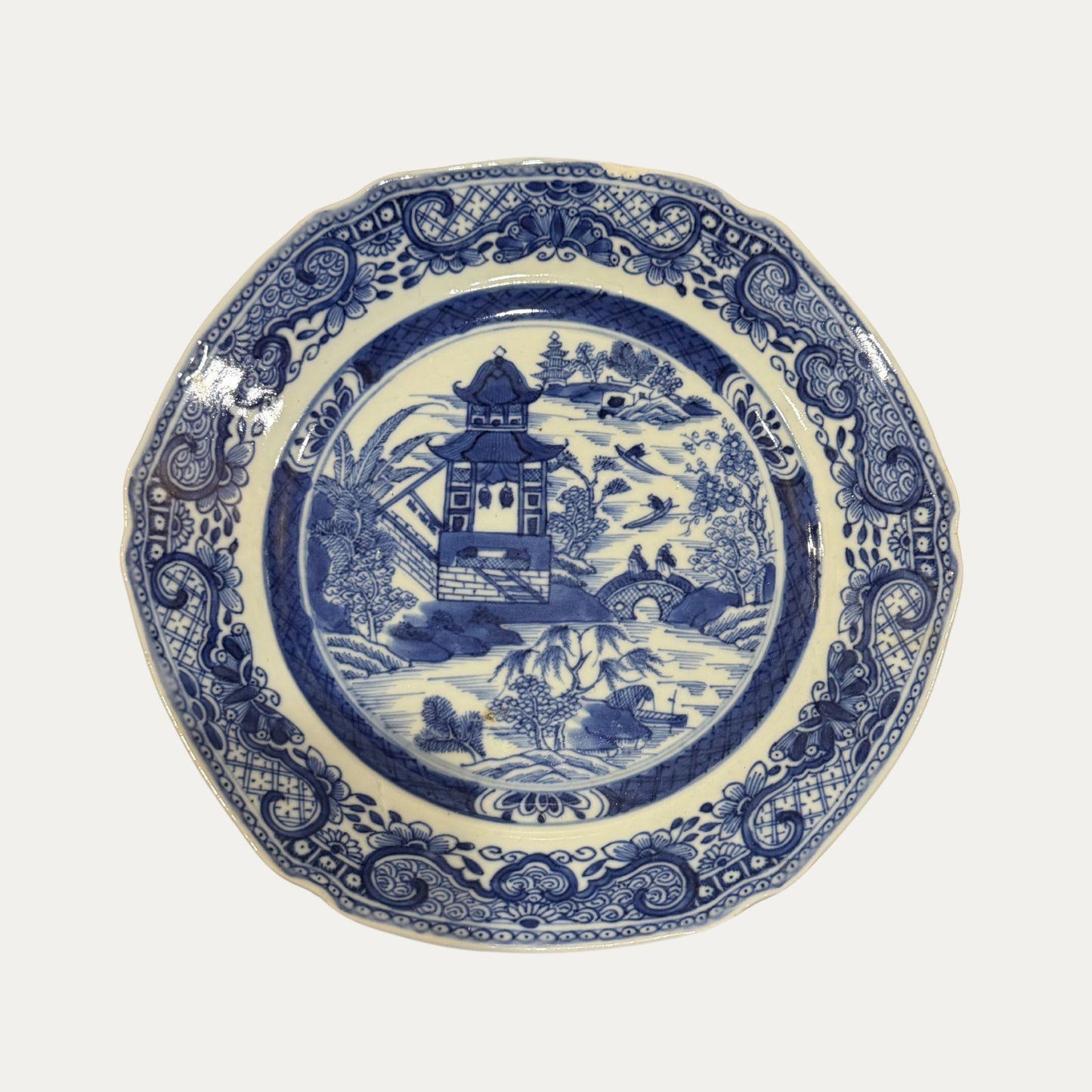 Antique Canton 19th Century Blue/White Pagoda & Landscape Plate