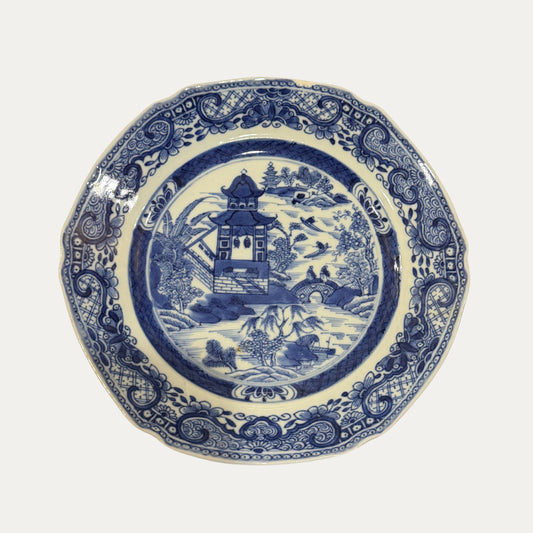 Antique Canton 19th Century Blue/White Pagoda & Landscape Plate