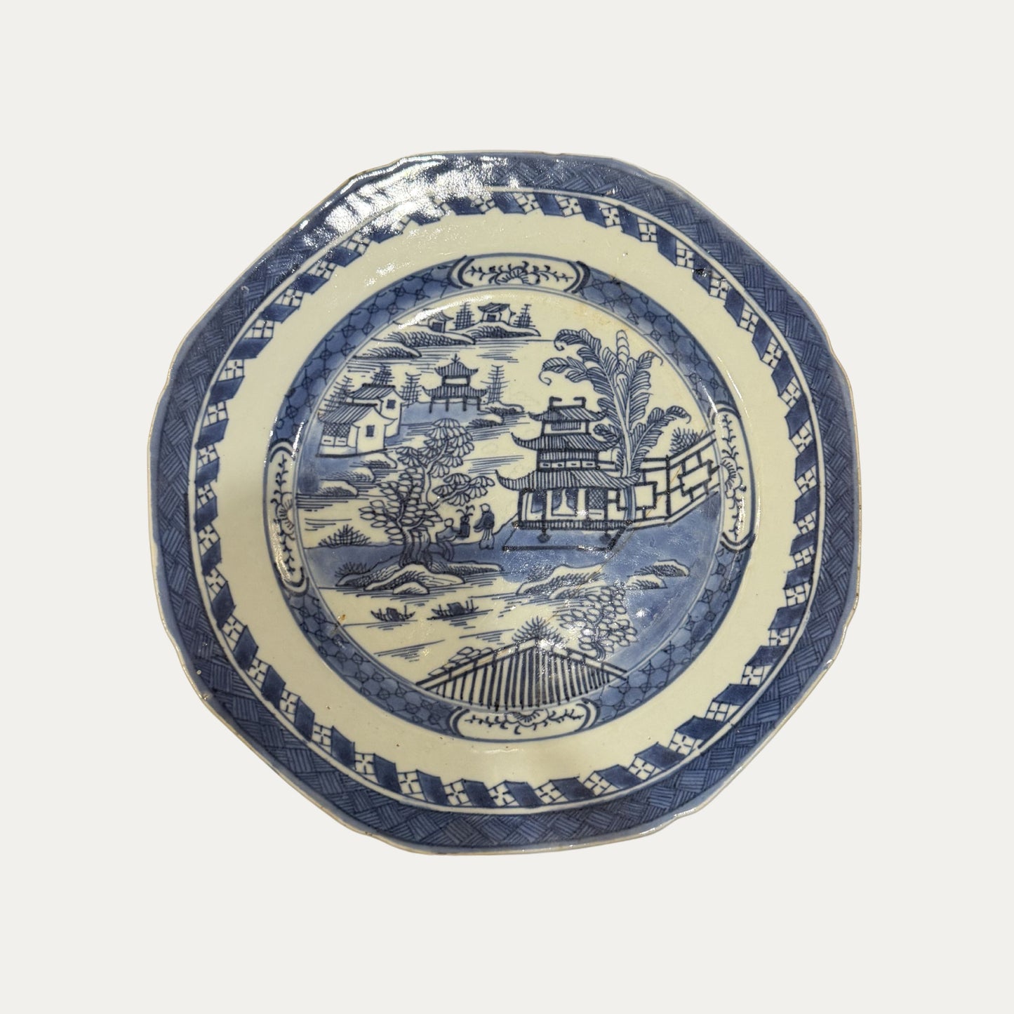 Antique Canton 19th Century Blue/White Pagoda & Landscape Lunch Plate