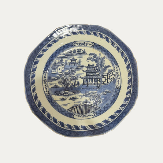 Antique Canton 19th Century Blue/White Pagoda & Landscape Lunch Plate