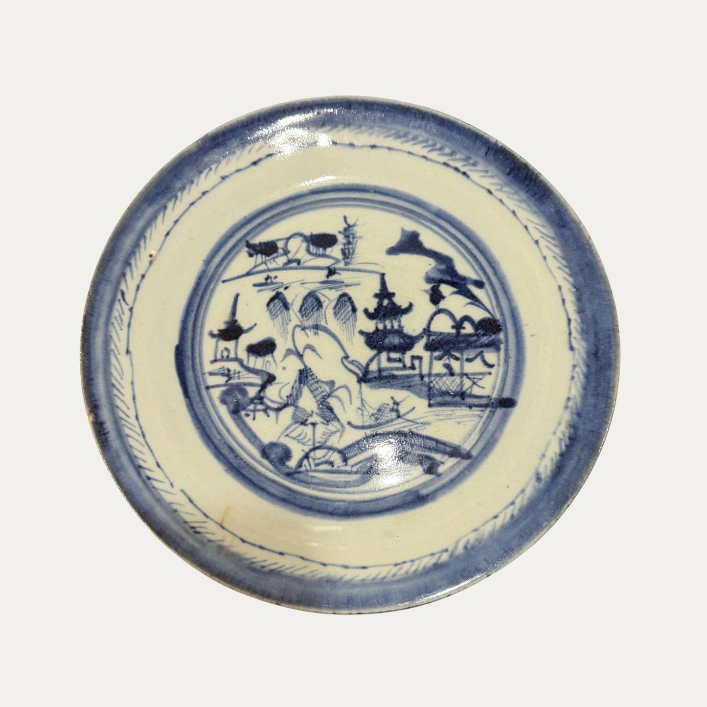 Antique Canton 19th Century Blue/White Pagoda & Landscape Dinner Plate