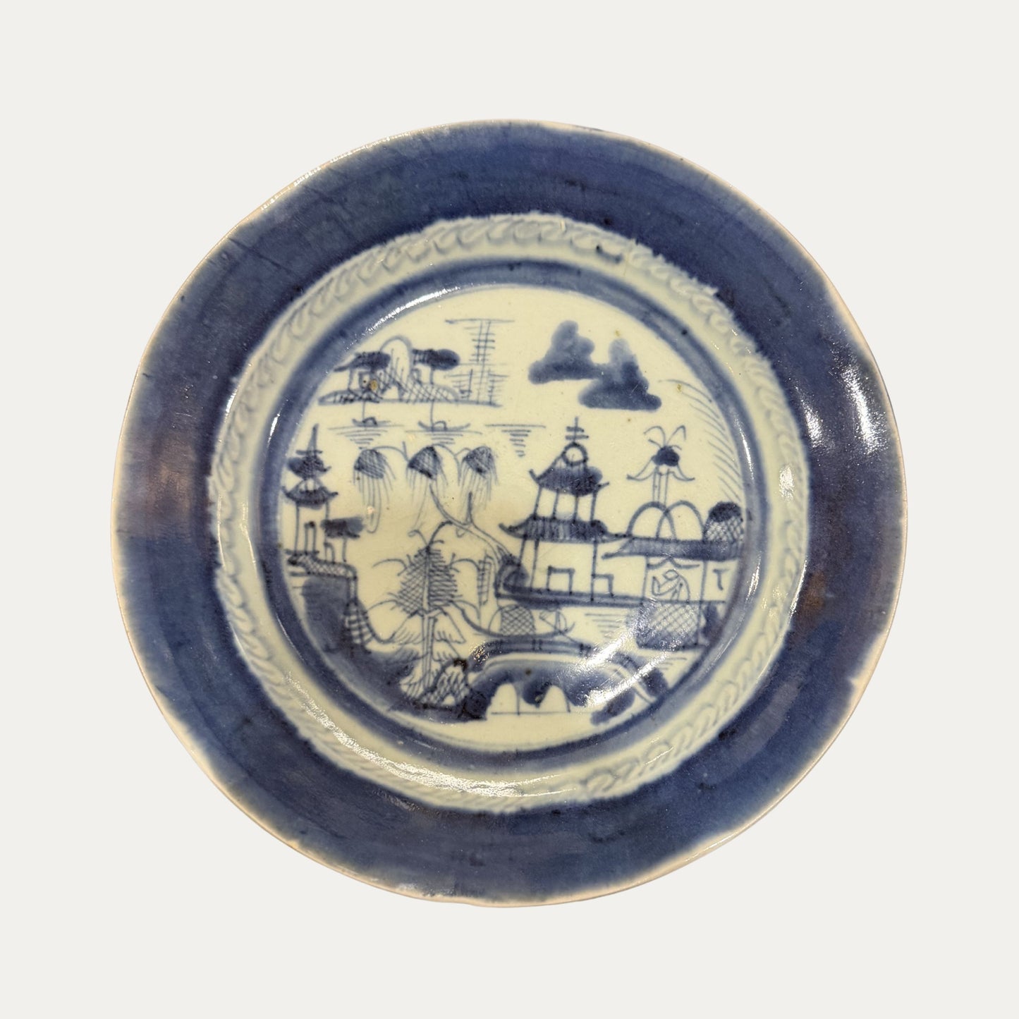 Antique Canton 19th Century Blue/White Pagoda & Landscape Large Bowl