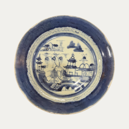 Antique Canton 19th Century Blue/White Pagoda & Landscape Large Bowl