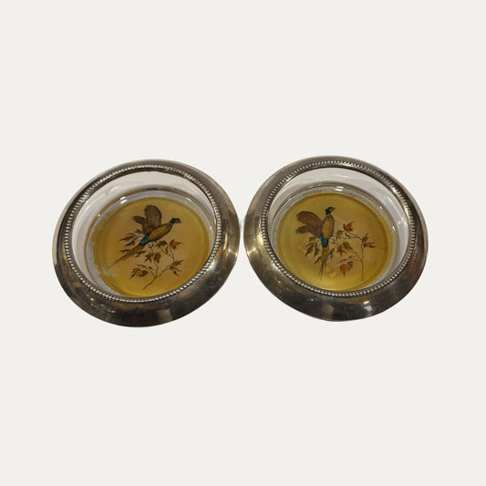 Antique Sterling Silver Frank M Whiting Pair (2) Pheasant Coasters