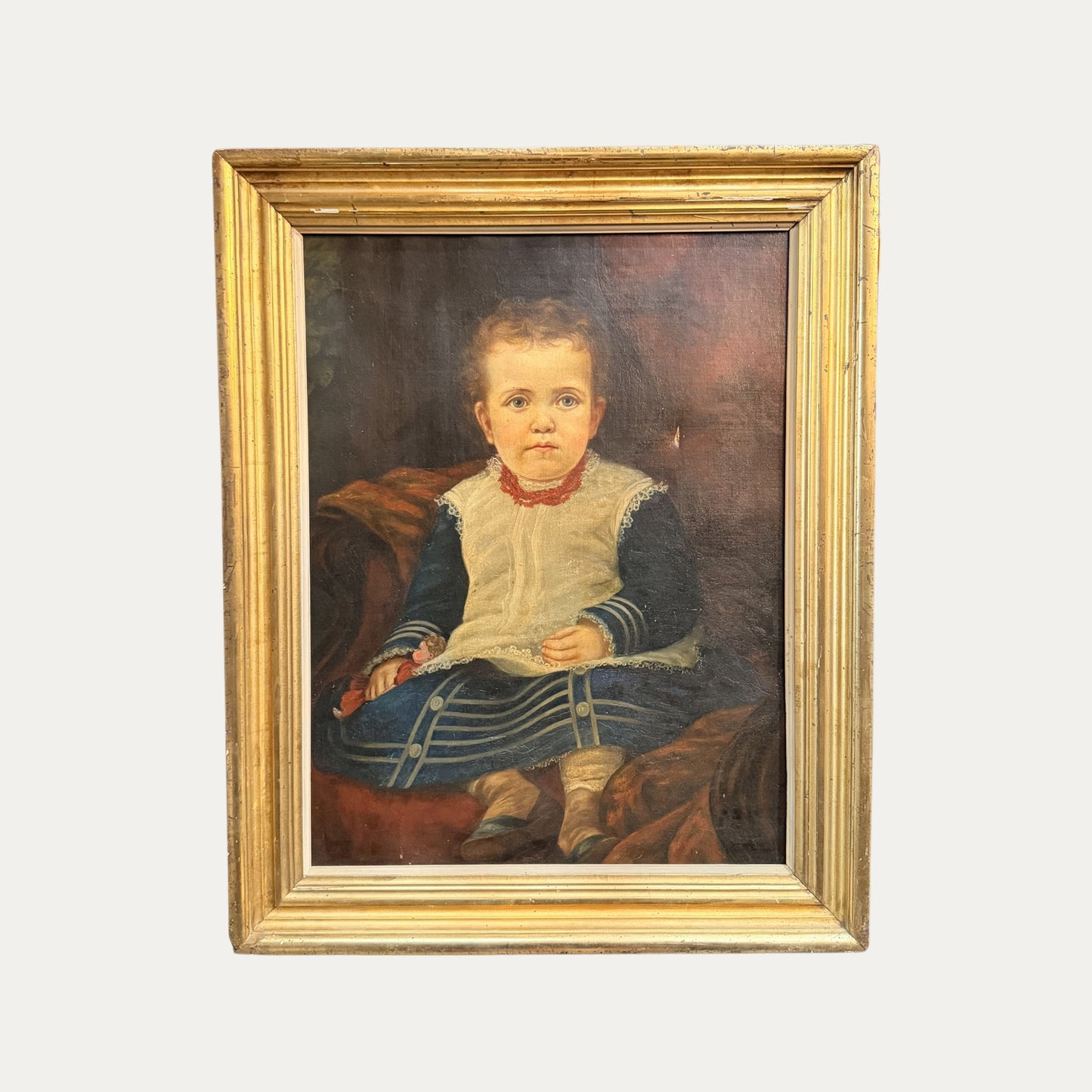 Early 19th Century Little Girl with Doll in Original Gilt Frame