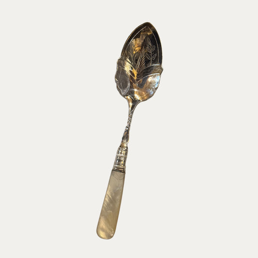 Antique English Engraved Silver & Mother of Pearl Serving Spoon
