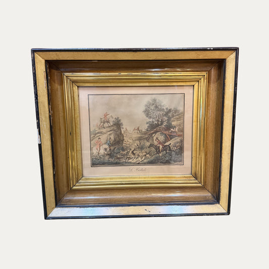 Antique Hunt Engraving with Original Frame