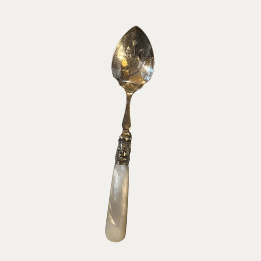 Antique English Etched Silver & Mother of Pearl Jam Spoon