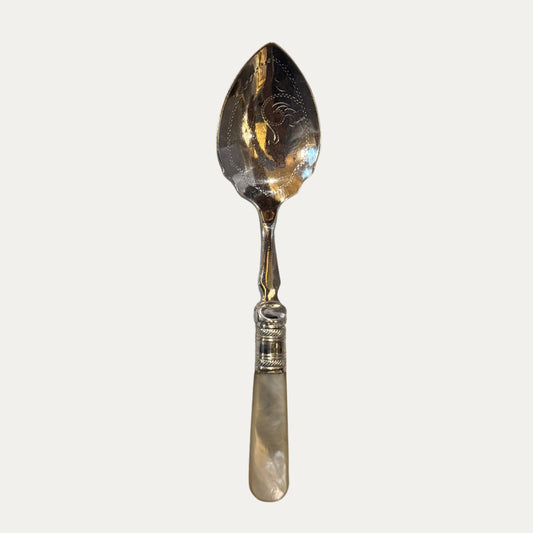 Antique English Etched Silver & Mother of Pearl Preserve Spoon