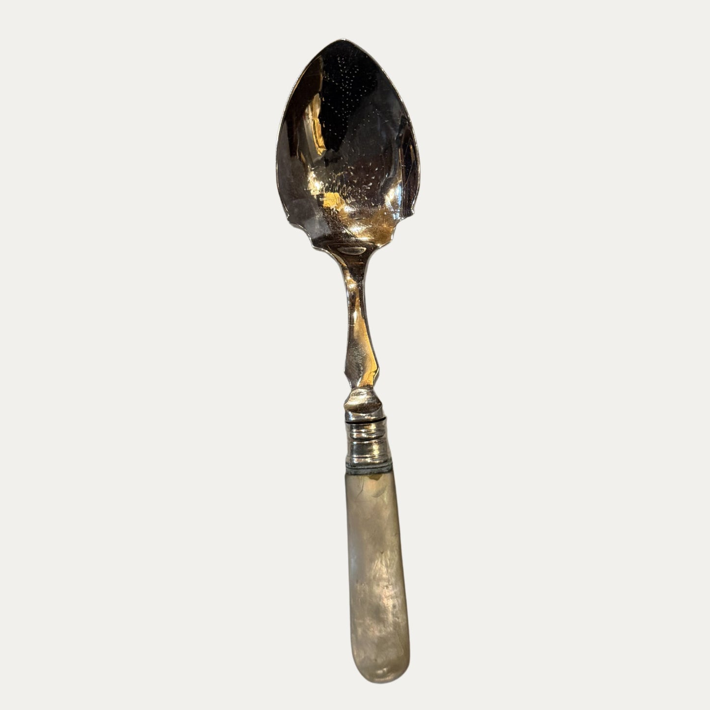 Antique English Etched Silver and Mother of Pearl Serving Spoon