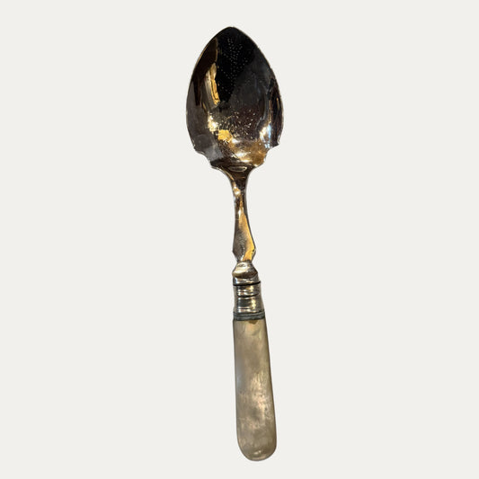 Antique English Etched Silver and Mother of Pearl Serving Spoon