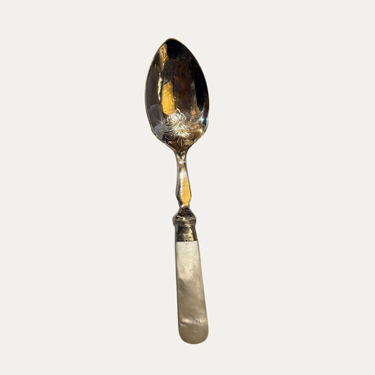 Antique English Etched Silver and Mother of Pearl Jam Spoon