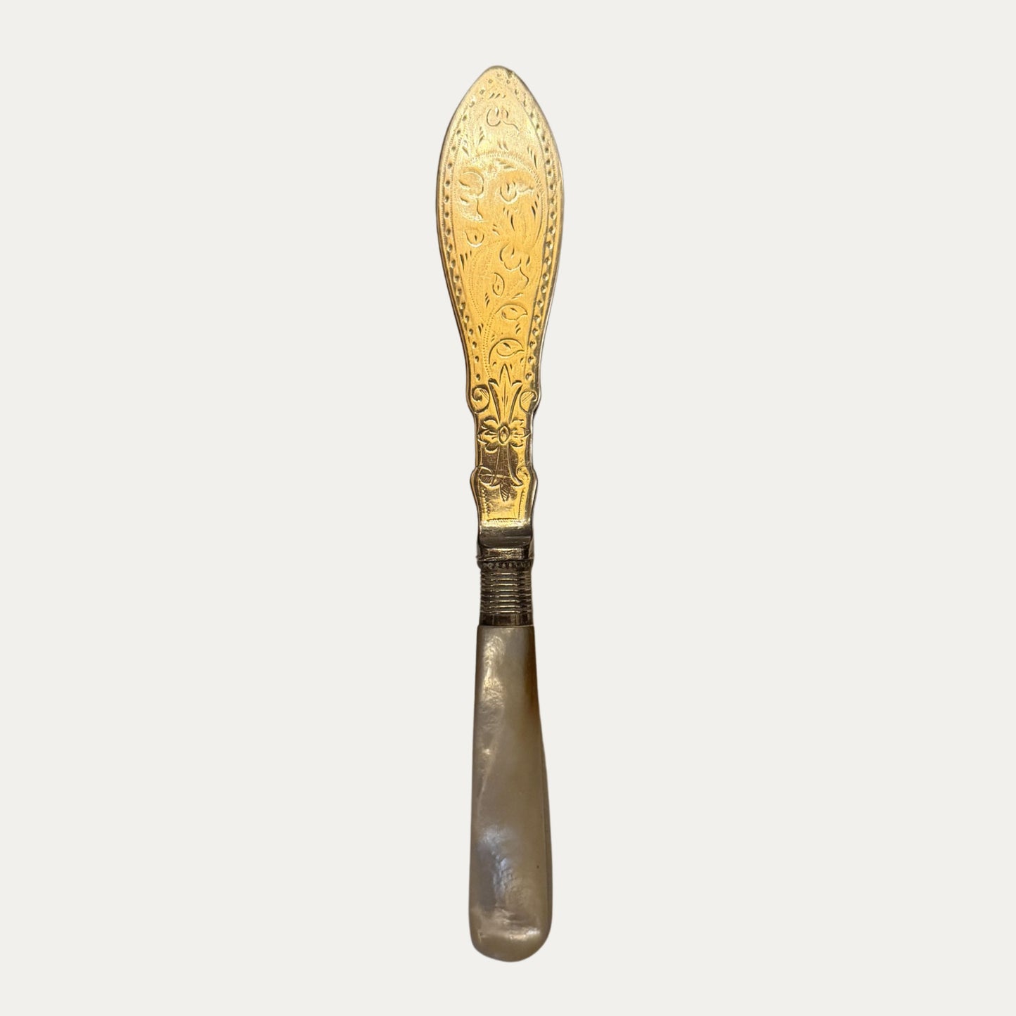 Antique English Engraved Silver and Mother of Pearl Spreader