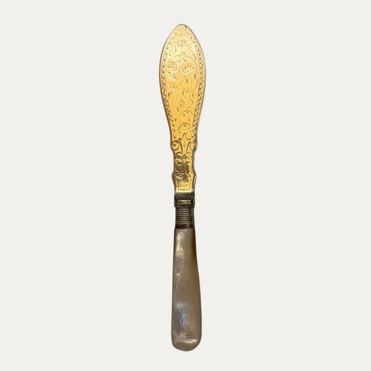 Antique English Engraved Silver and Mother of Pearl Spreader