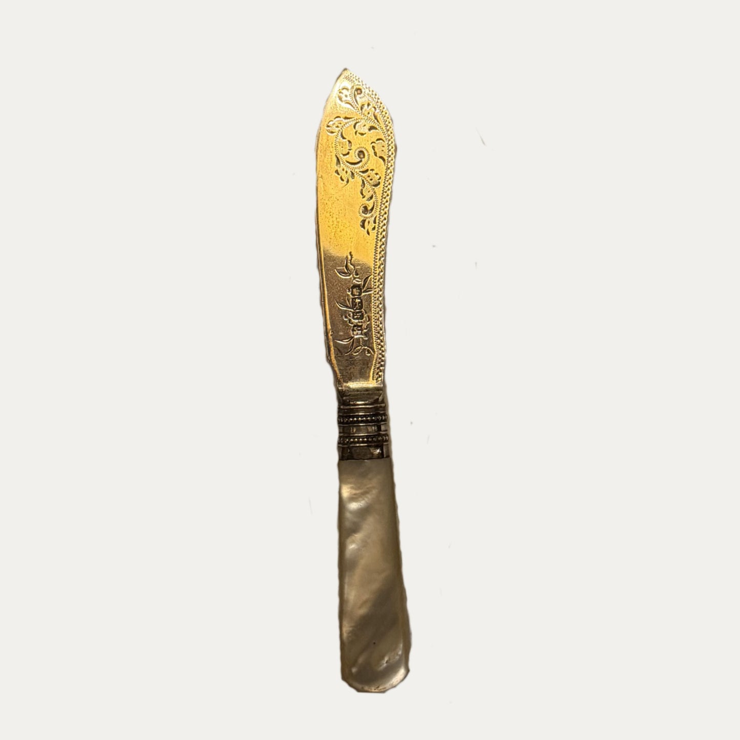 Antique English Engraved Silver and Mother of Pearl Pate Knife