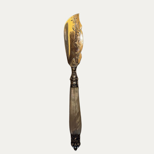 Antique English Engraved Silver and Mother of Pearl Butter Knife
