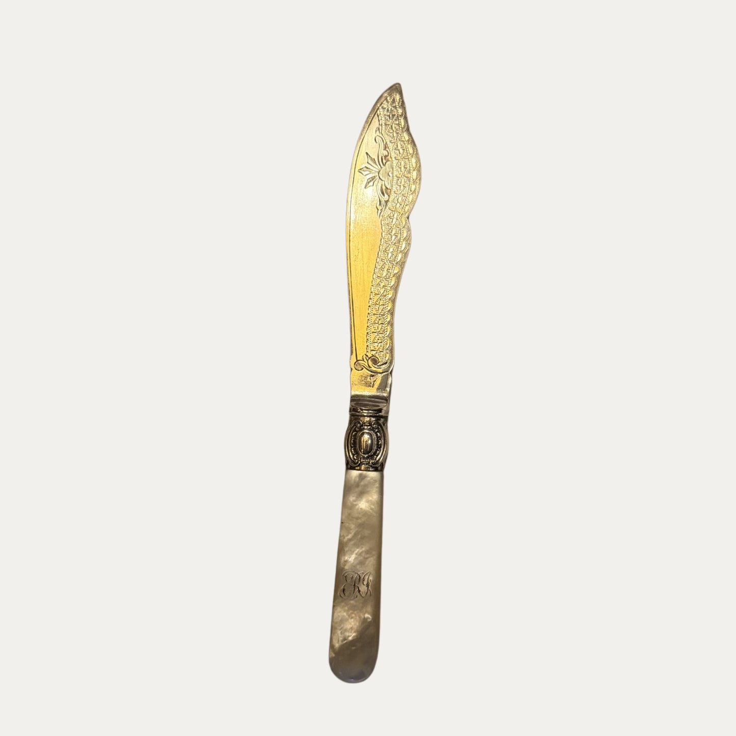 Antique English Engraved Silver and Mother of Pearl Spreader