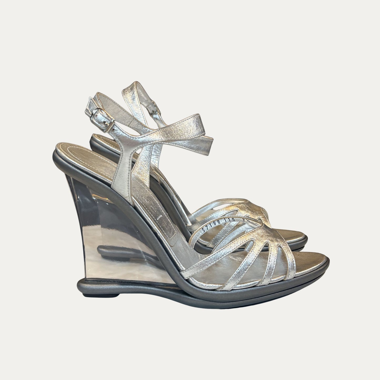 Casadei Silver Leather Acrylic Wedges (Size 7.5)