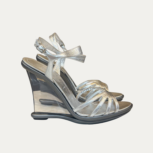 Casadei Silver Leather Acrylic Wedges (Size 7.5)