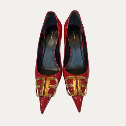 Balenciaga Red Patent Leather Logo Pumps (Size 8)