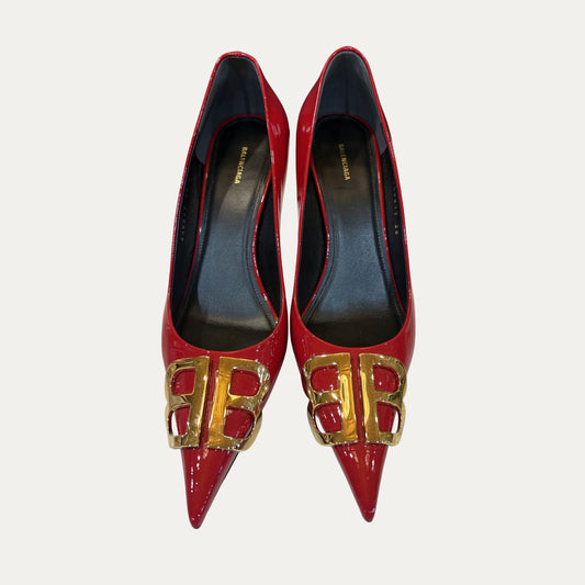 Balenciaga Red Patent Leather Logo Pumps (Size 8)