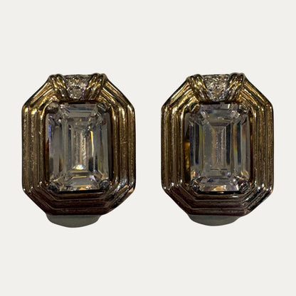 Vintage Emerald Cut Crystal Clip Earrings
