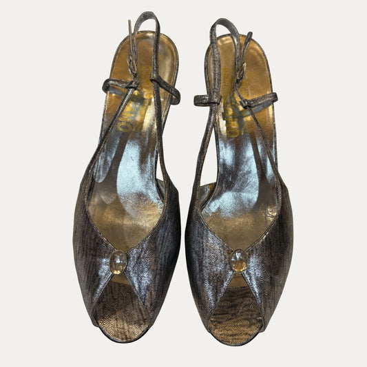 Vintage 1980s Silver Salvatore Feragamo Peep Toe Heels (Size 7)